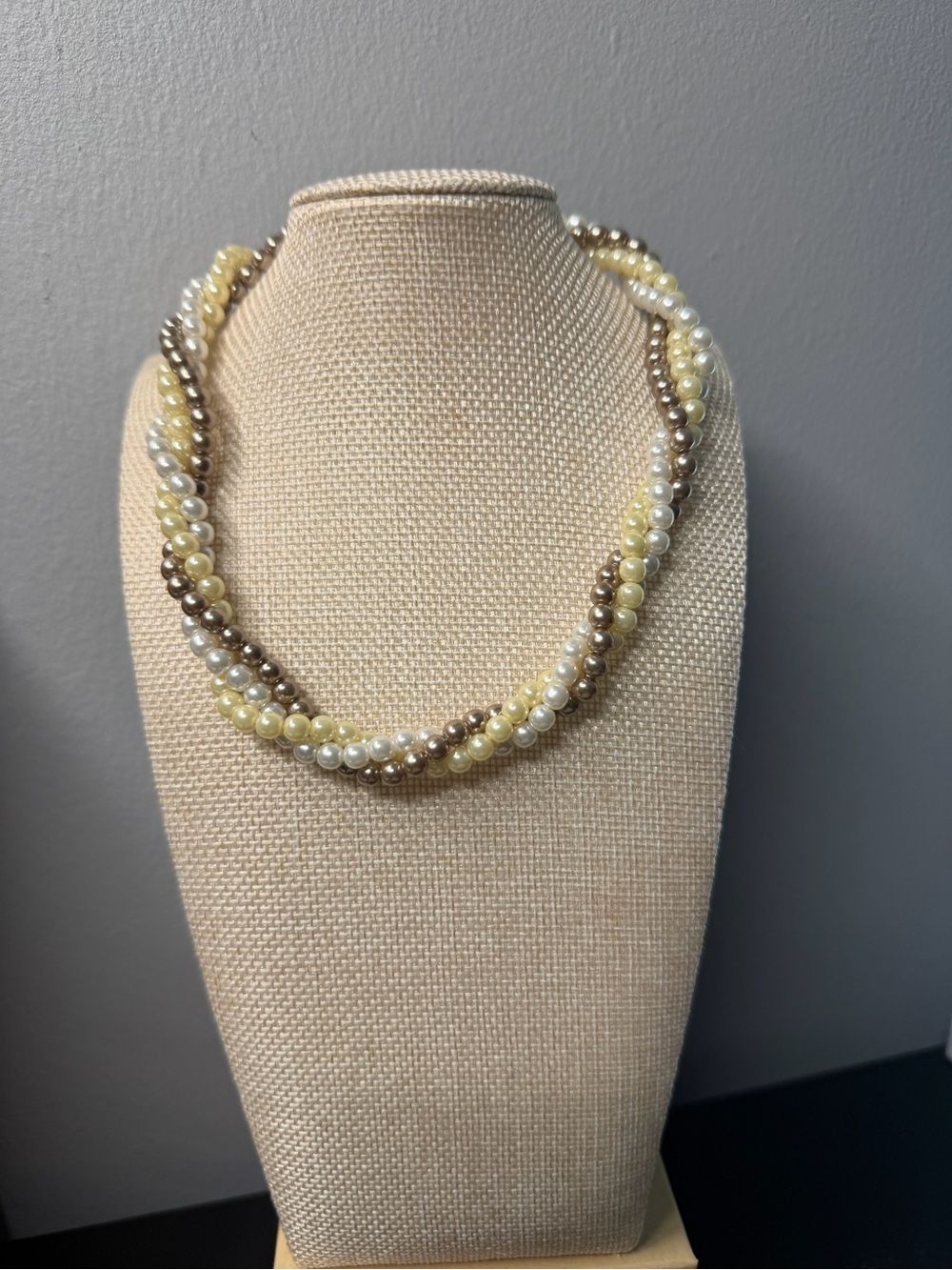 Classic Braided Pearl Necklace in Cream, White & Gold Tones